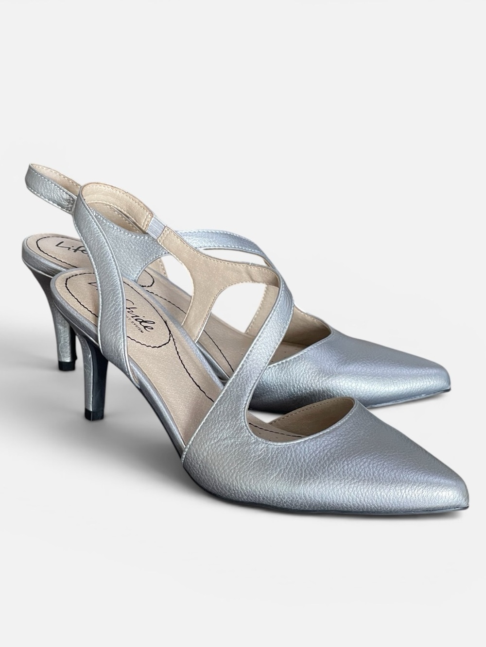 Life Stride Santorini Metallic Silver Slingback Pointed-Toe Heels Pumps Sz 7.5